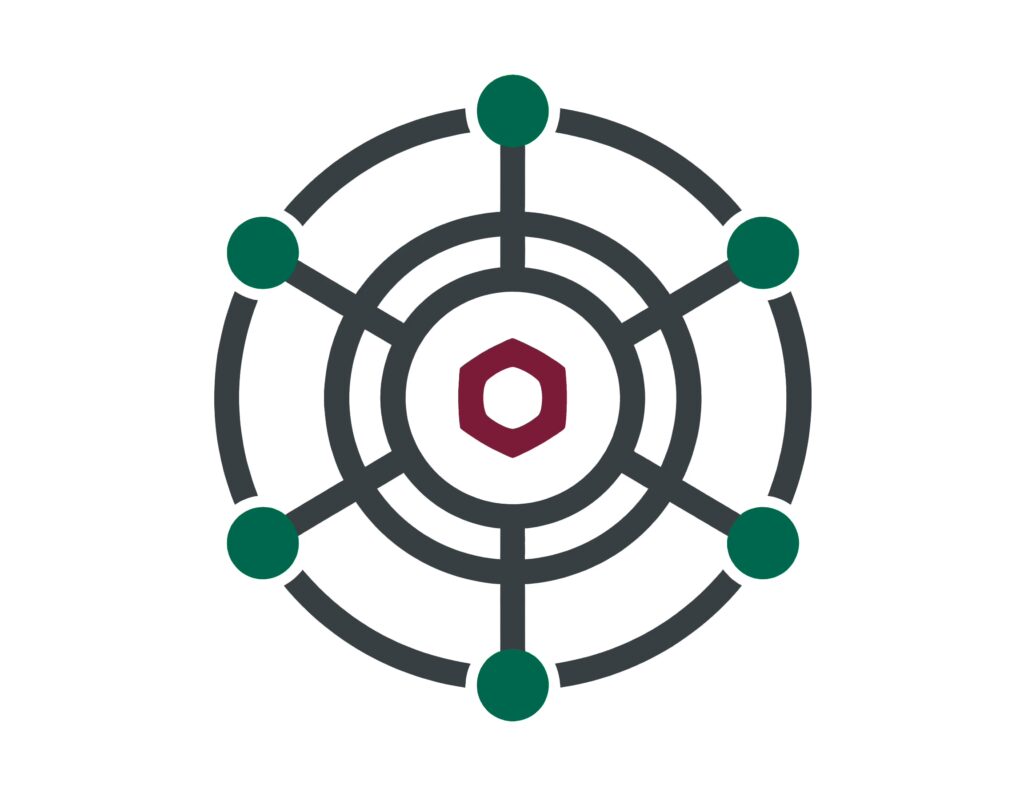 connective-digital Digitalagentur Logo. Bordeaux Schraubenmutter in der Mitte, 3 Ringe aussenrum. Im äussersten Ring sind 6 Emerald Punkte mit Verbindung ins Zentrum