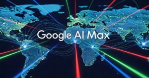 Virtuelle Weltkarte die vernetz ist. In der Mitte steht Google AI Max