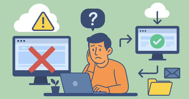 Website Ausfall: Virtuelles Bild einer Person die vor dem Laptop sitzt und ein grimmiges Gesicht zieht. Im ihn herum sind: Bildschirm mit rotem Kreuz. Achtung-Zeichen auf einer Wolke/Cloud. Fragezeichen über seinem Kopf. Auf der rechten Seite die gleichen Icons ohne Kreuz, sondern Hacken und ohne Warnungen.