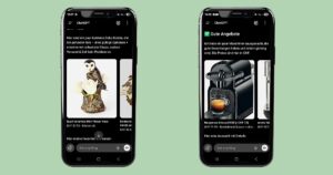 Zwei Abbildungen von Mobile-phones mit Screenshots von ChatGPT-Shopping Anzeigen.