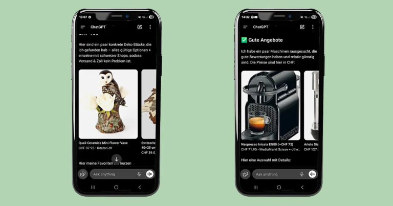 Zwei Abbildungen von Mobile-phones mit Screenshots von ChatGPT-Shopping Anzeigen.