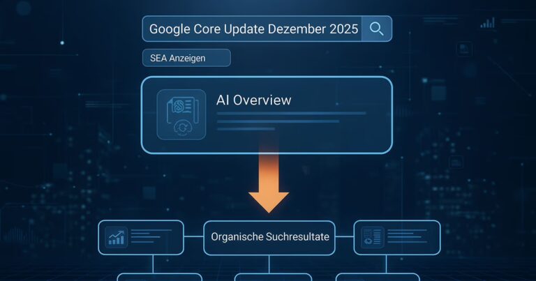 Fluss Diagramm in der Suche steht Google Core Update Dezember 2025, darunter SEA Anzeigen und darunter AI Overview gefolgt von Organische Suche. Simuliert virtuelle eine SERP wie die Reihenfolge neu ist.