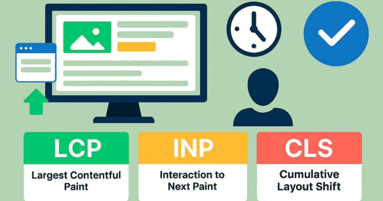 Die Core Web Vitals sind in Kästen nebeneinander aufgestellt, LCP, INP, CLS. Oben drüber sind Browser-Icon, PC Monitor, Uhr für Zeit und Hacken verteilt.