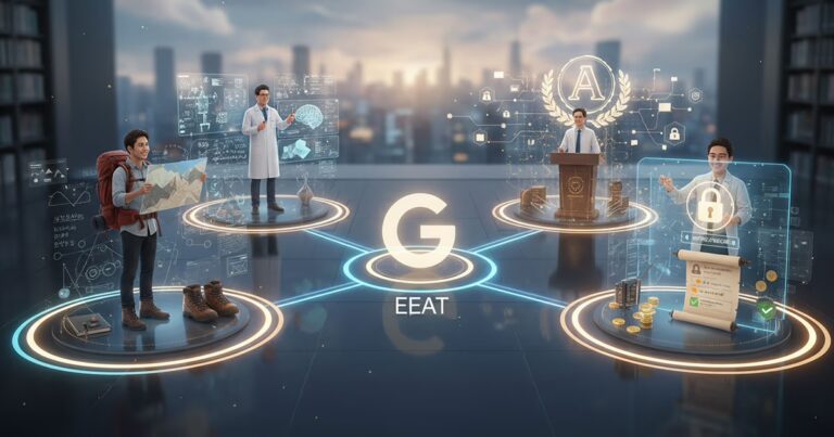 EEAT: Ein virtueller Raum mit 4 Menschen. Einer für jedes der E-E-A-T