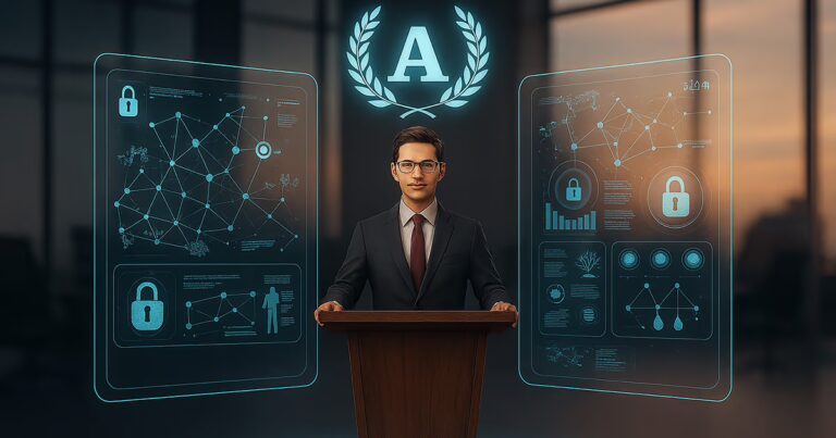 Autorität: In der Mitte ist ein Mann an einem Podium, über ihm ist ein Lorbeerkranz mit einem A. Links und Rechts sind Grafiken virtuell eingeblendet.