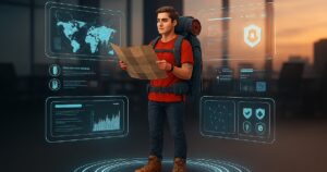 Experience: Mann mit Wanderrucksack und geöffneter Karte in der Hand. Links und rechts von ihm vituelle Einblendungen von Grafiken zu Weltkarten und Abzeichen