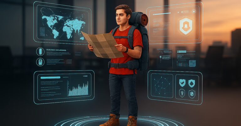 Experience: Mann mit Wanderrucksack und geöffneter Karte in der Hand. Links und rechts von ihm vituelle Einblendungen von Grafiken zu Weltkarten und Abzeichen