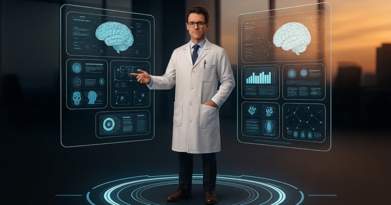 Expertise: Mann im Kittel, Links und rechts virtuelle Bildschirme mit Gehirn und medizinische Grafiken und Bilder