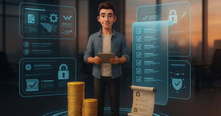 Vertrauen: Ein Mann mit Tablet in der Mitte. Vor ihm ein Stapel Münzen und ein Papyrus mit Bewertung. Links und rechts von im sind, virtuell eingeblendet, diverse Elemente von Vertrauen abgebildet: Checkliste, Sicherheitsschlösser.