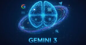 Gemini 3: Virtuelles Bild. In der Mitte ein Gehirn das von einem kosmischem ring umzingelt ist und diverse Google Social Icons umzingelt ist.