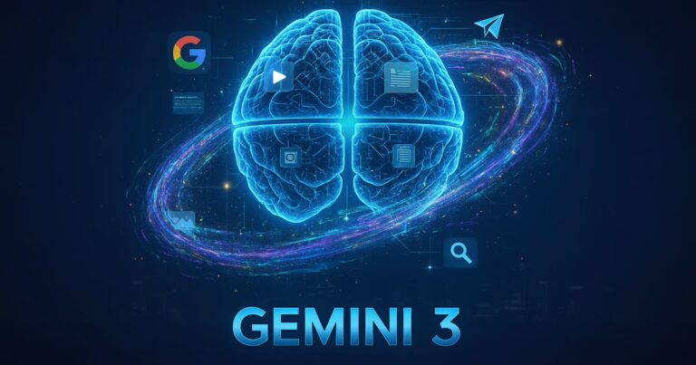 Gemini 3: Virtuelles Bild. In der Mitte ein Gehirn das von einem kosmischem ring umzingelt ist und diverse Google Social Icons umzingelt ist.