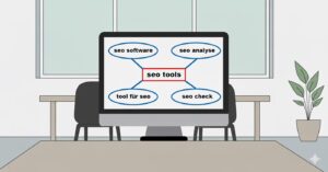 gezeichnetes KI Bild eines Büros. Auf dem Tisch steht ein Bildschirm. Auf dem Bildschirm steht in der Mitte SEO Tools, umzingelt und verbunden mit den Begriffen SEO Software, SEO Analyse, Tool für SEO und SEO Check.