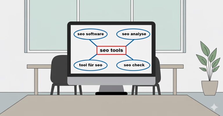 gezeichnetes KI Bild eines Büros. Auf dem Tisch steht ein Bildschirm. Auf dem Bildschirm steht in der Mitte SEO Tools, umzingelt und verbunden mit den Begriffen SEO Software, SEO Analyse, Tool für SEO und SEO Check.