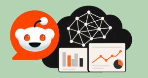 Reddit Max Campaigns: Prominent ist eine Wolke mit einem Netz drin was abstrakt aussieht wie ein Gehirn, Zwei Grafiken und das Reddit Logo (Roboter Kopf)