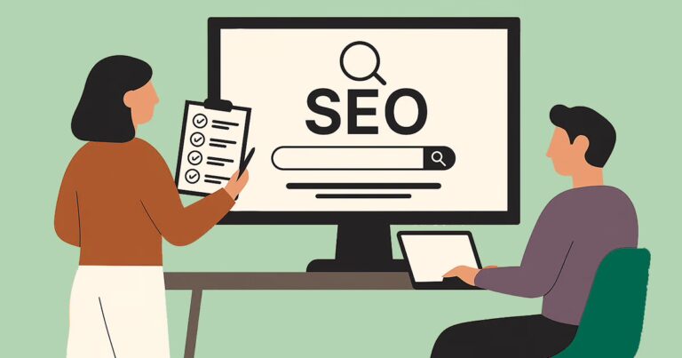 SEO Fehler: Eine Person sitzt am Tisch, eine weitere Person seht mit einer Checkliste daneben. sie schauen auf einen Bildschirm wo SEO drauf steht.