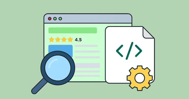 Schema Markup: Browser Icon mit Lupe auf Bewertung daneben Ein Code-Icon mit Zahnrad für Einstellungen