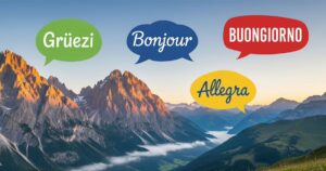 Für Sprachtargeting Google Suchkampagnen: KI Bild einer Schweizer Berglandschaft. 4 Sprechblasen mit Begrüssung in allen 4 Landessprachen
