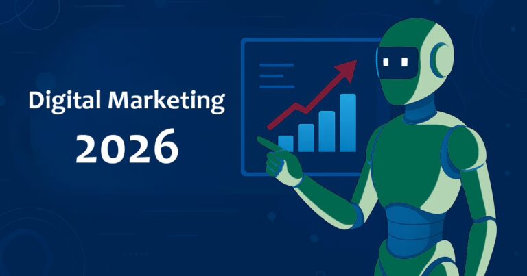 KI Prognose SEO: Ein Roboter zeigt auf eine Wachstumsgrafik. Titel: Digital Marketing 2026