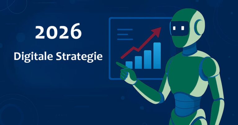 KI Prognose Digitale Strategie: Ein Roboter zeigt auf eine Wachstumsgrafik. Titel: 2026 Digitale Strategie