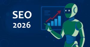 KI Prognose SEO: Ein Roboter zeigt auf eine Wachstumsgrafik. Titel: SEO 2026