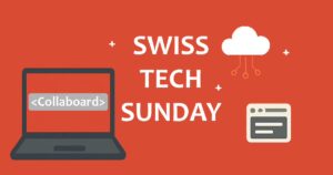 SwissTech Sunday Banner rot mit Wolke, Browser Icon und Laptop wo in Code Collaboard steht.