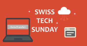 SwissTech Sunday Banner mit kleiner Wolke, Browser Icon und einem Laptop wo in Code Swiss Transfer drin steht.