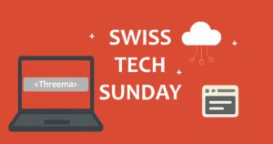 SwissTech Sunday Banner mit kleiner Wolke, Browser Icon und einem Laptop wo in Code Threema drin steht.