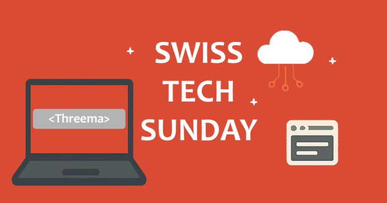 SwissTech Sunday Banner mit kleiner Wolke, Browser Icon und einem Laptop wo in Code Threema drin steht.