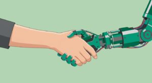 KI im Marketing. Das Power-Duo: Mensch und Maschine. Menschliche und Roboter Hand geben sich die Hände