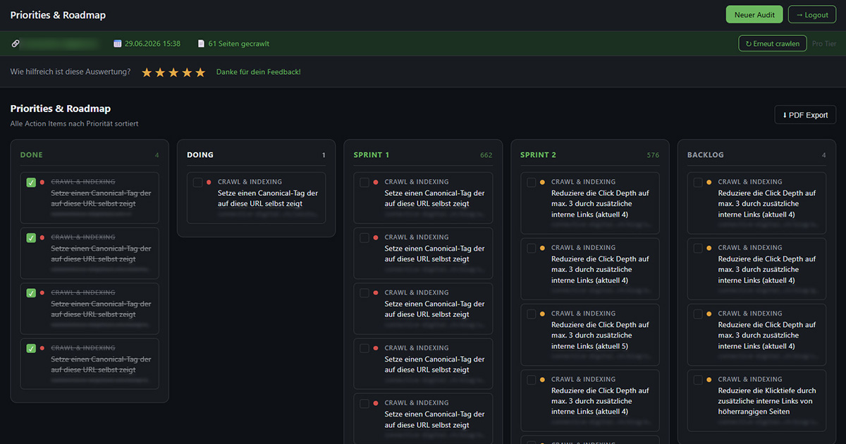 Kanban-Roadmap im SEO Audit Tool: priorisierte SEO-Massnahmen nach ROI sortiert